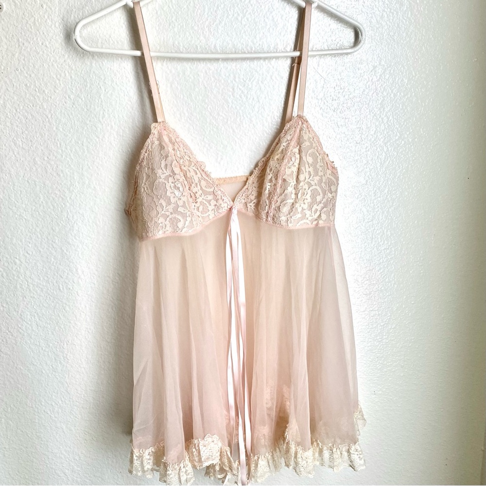 Women’s Pink Sheer Lace Lingerie Slip Vintage Style Babydoll